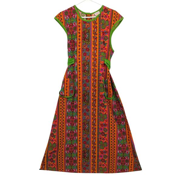 Vintage 1960's 70's Mod DESIGN HOUSE Japan Neon Psychedelic Paisley Apron Dress - Picture 4 of 12